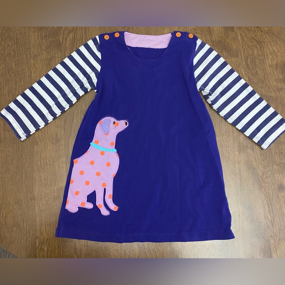 Charming Purple Dress with Striped Sleeves and Dog Design